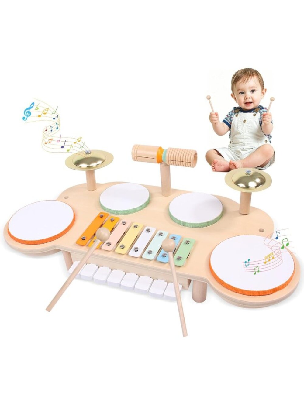 Wooden Toddler Drum Set - Montessori Musical Instruments for Ages 2-5, Xylophone